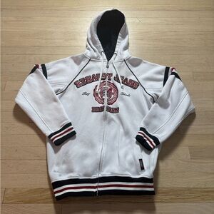 White Men's Sweater with Black and Red Accents Size Small